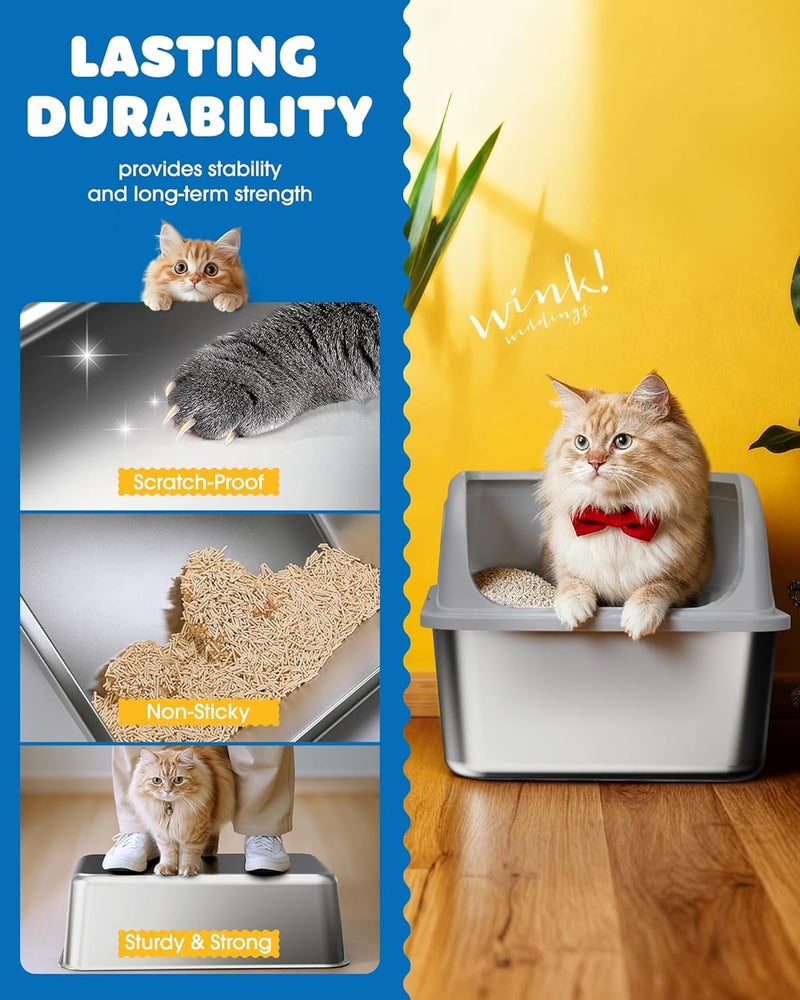 Powools صندوق فضلات قطط من الفولاذ المقاوم للصدأ 2-pack مع مجارف، غير لاصق وسهل التنظيف، صندوق فضلات معدني مع حواجز مانعة للتسرب، رمادي - Image 3